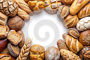 Assortment Baked Bread Border Isolated on White