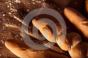 Assortment of baked bread on table