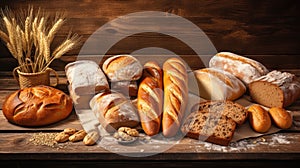 Assortment of baked bread on wooden background. Bakery concept.