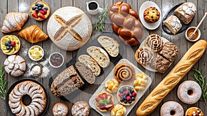 An assortment of bakery items is displayed on a wooden surface