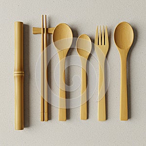 Assortment of bamboo utensils on a textured surface. Includes a