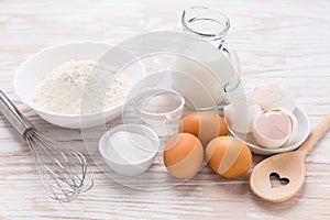 Assortment of basic baking ingredients for cake, muffins or pancakes