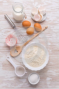 Assortment of basic baking ingredients for cake, muffins or pancakes