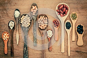 Assortment of beans and lentils in wooden spoon on teak wood background. mung bean, groundnut, soybean, red kidney bean , black b