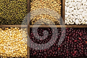 Assortment of beans red lentil, green lentil, chickpea, peas, r