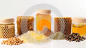 Assortment of bee products on a white surface. Jars of honey, fresh honeycomb, royal jelly, bee pollen, and propolis