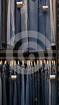 Assortment of blue and black jeans displayed in shopping center