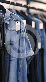 Assortment of blue and black jeans displayed in shopping center