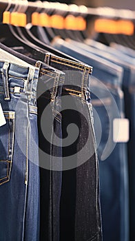 Assortment of blue and black jeans displayed in shopping center