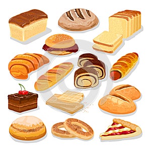 Assortment of bread and flour products, pastries, bakery goods. Big cartoon vector set.