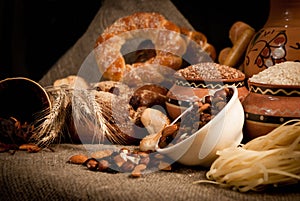 Assortment of bread on sacking