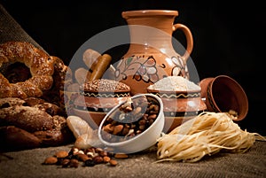 Assortment of bread on sacking