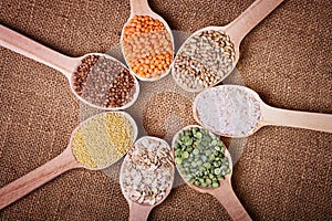 Assortment of cereals on the burlap