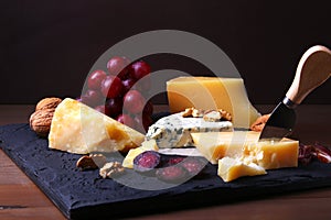 Assortment of cheese with fruits, grapes, nuts and cheese knife on a wooden serving tray.