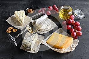 Assortment of cheeses, a glass of white sauvignon wine, honey, nuts appetizer selection or whine snack set molded cheeses  Cheese