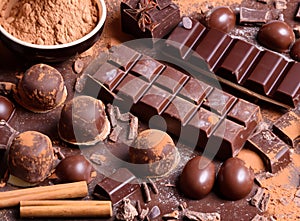 Assortment of chocolate bars, cupcakes, spices and cocoa powder