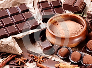 Assortment of chocolate bars, cupcakes, spices and cocoa powder