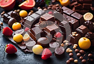 Assortment of chocolate candies with fruit and nuts on black background, closeup