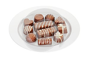 Assortment of chocolate candies on the white platter, 3D rendering