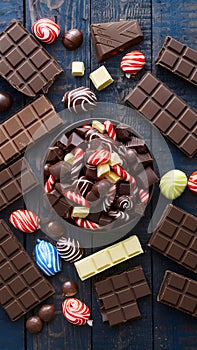 Assortment of chocolate candy bars and pieces on wooden background