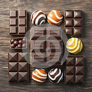 Assortment of chocolate candy bars and pieces on wooden background