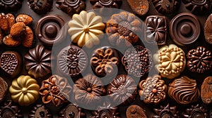 an assortment of chocolate pralines, each boasting unique shapes, textures, and finishes, against a seamless background