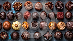 an assortment of chocolate pralines, each boasting unique shapes, textures, and finishes, against a seamless background