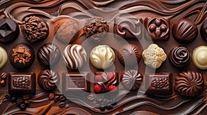 an assortment of chocolate pralines, each boasting unique shapes, textures, and finishes, against a seamless background