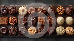 an assortment of chocolate pralines, each boasting unique shapes, textures, and finishes, against a seamless background