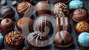 an assortment of chocolate pralines, each boasting unique shapes, textures, and finishes, against a seamless background