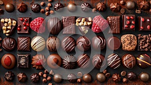 an assortment of chocolate pralines, each boasting unique shapes, textures, and finishes, against a seamless background