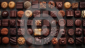 an assortment of chocolate pralines, each boasting unique shapes, textures, and finishes, against a seamless background