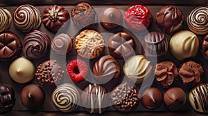 an assortment of chocolate pralines, each boasting unique shapes, textures, and finishes, against a seamless background