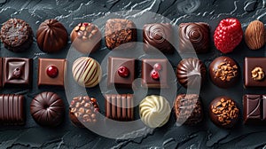 an assortment of chocolate pralines, each boasting unique shapes, textures, and finishes, against a seamless background