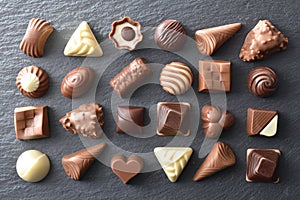 Assortment of chocolates placed in a pattern on slate plate