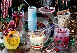 An assortment of Christmas cocktails ready for drinking.