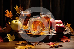 assortment of ciders with fallen leaves on a table