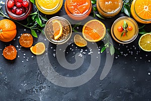 Assortment of citrus jams in jars, with fresh oranges and lemons. Top view