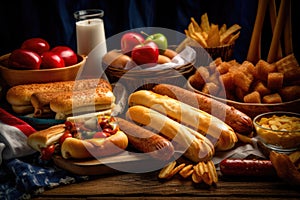 assortment of classic American treats, including apple pie and hot dogs, representing American culture on Independence Day,