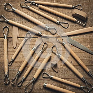 An assortment of clay sculpting tools is arranged on a wooden surface. The tools