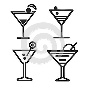 Assortment of cocktails black silhouette icons set isolated on white background.