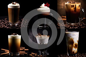 An assortment of coffee-based drinks adorned with swirls of cream, creating a rich and velvety coffee experience photo