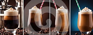 Assortment of Coffee Drinks with Whipped Cream and Straws