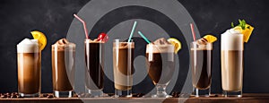 Assortment of Coffee Drinks with Whipped Cream and Straws