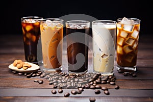 an assortment of cold brewed coffees with different flavorings photo