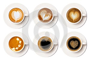 Assortment collection of coffee cup of art latte with froth heart-shaped isolated on white background