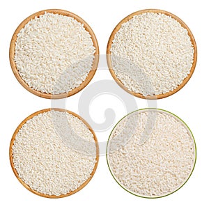 Assortment collection of raw rice in the bowls isolated on white background