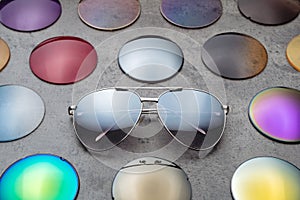 Assortment of colored trendy lenses for sunglasses