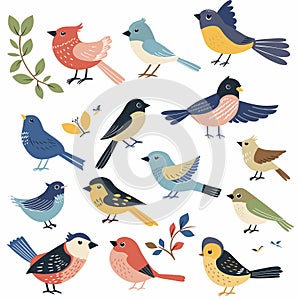 Assortment colorful cartoon birds various species foliage. Collection cute flat style songbirds photo