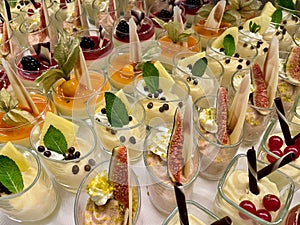 Assortment of colorful and decorative sweets and desserts in glass. Various mousses, creams, panna cotta.
